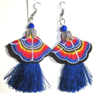 Embroidered Earrings Royal Blue Tassels